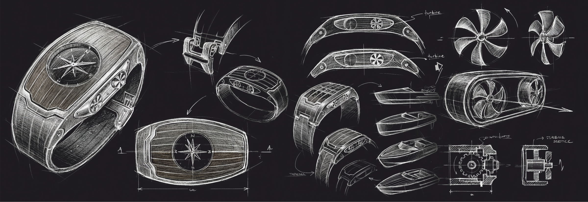 BOW concept sketches — watch design explorations on dark background