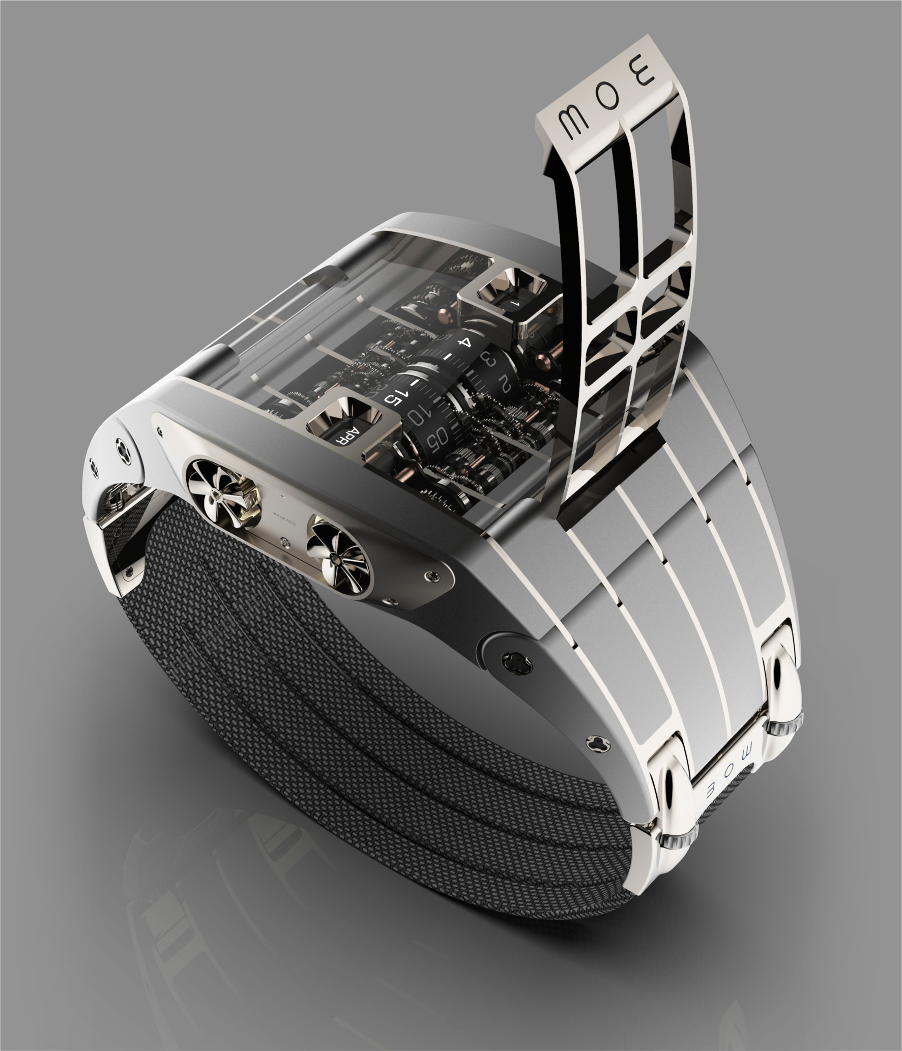BOW watch — silver variant, three-quarter view