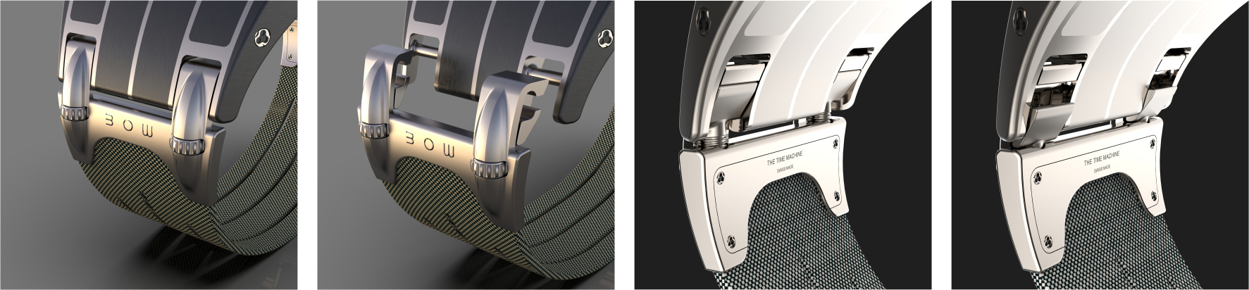BOW watch — strap integration mechanism, four views