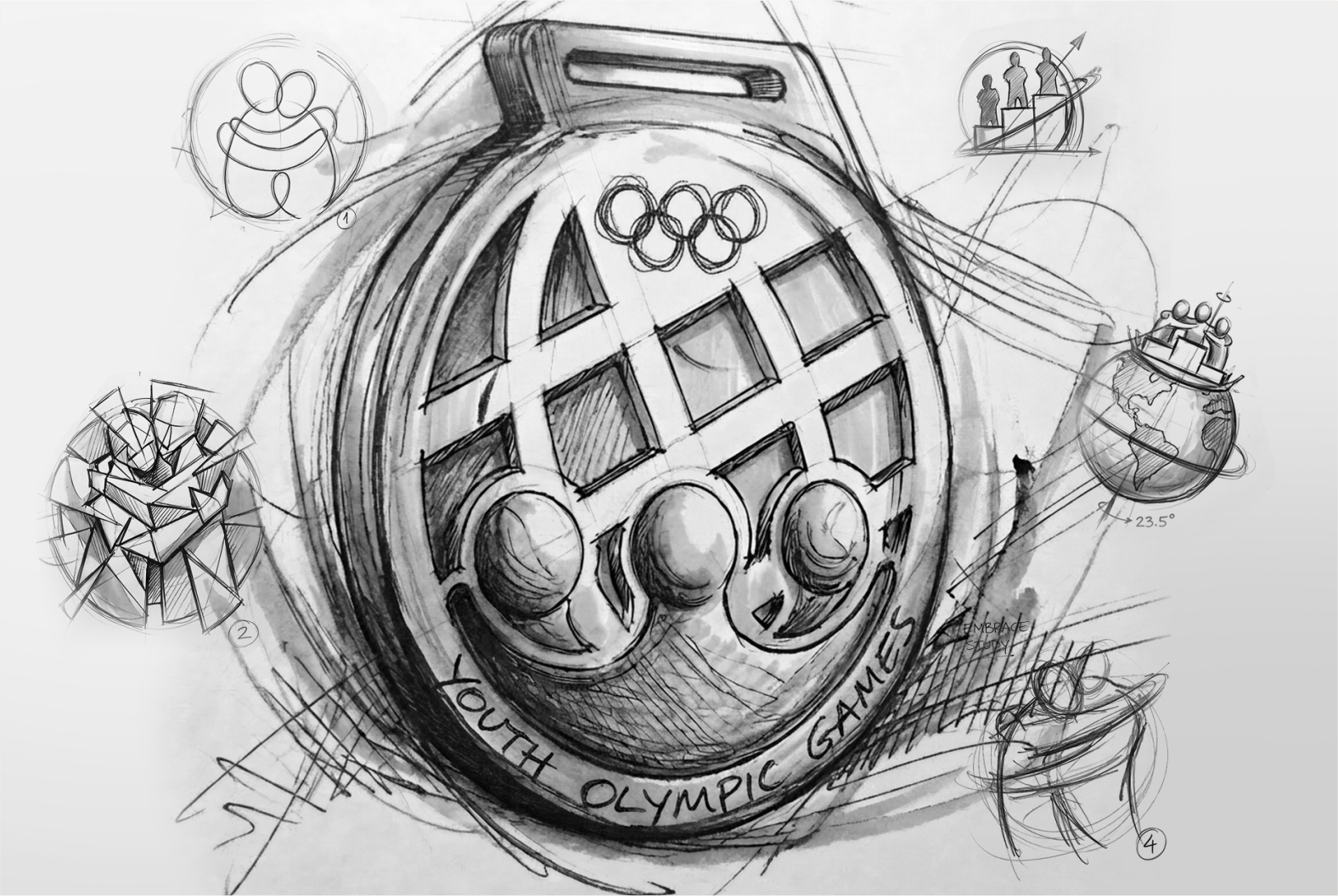 Buenos Aires 2018 medal — conceptual composition of three embracing figures around the planet