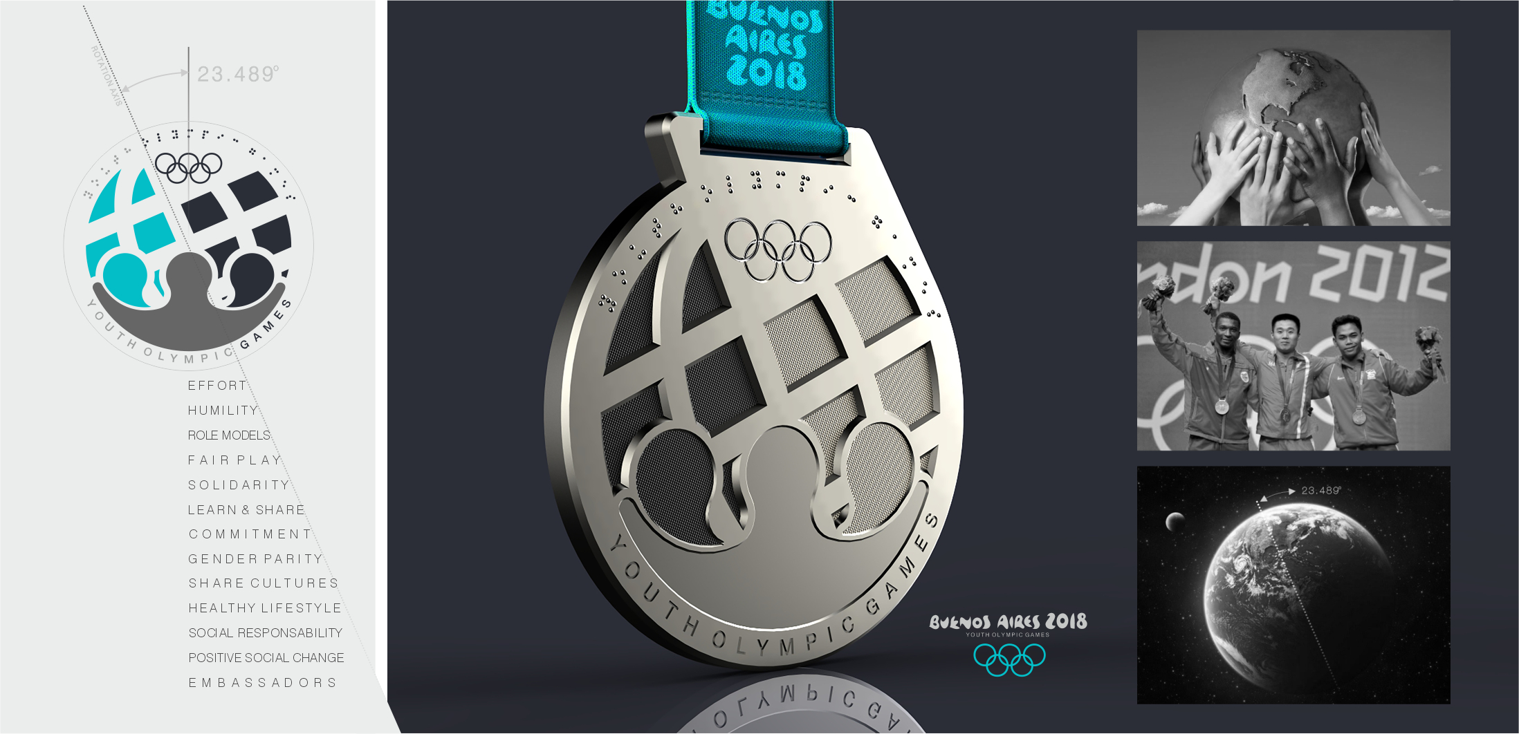 Buenos Aires 2018 medal — surface reliefs, Braille integration and Earth's axis detail