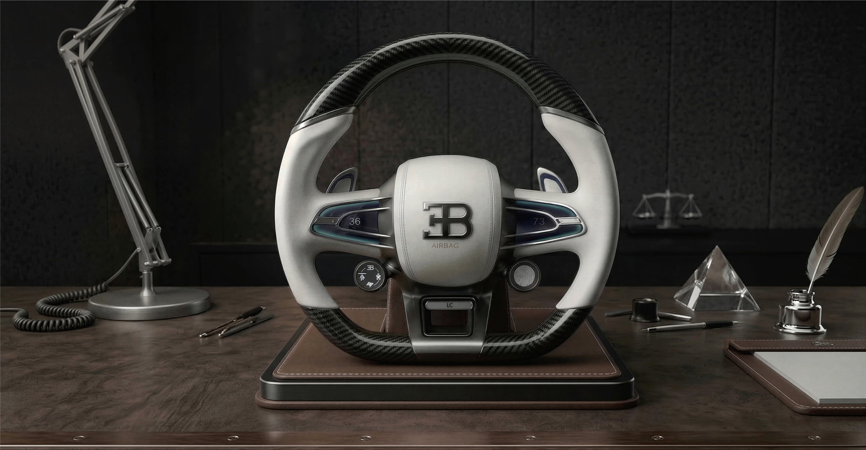 Bugatti Millenium steering wheel — white, front view on desk