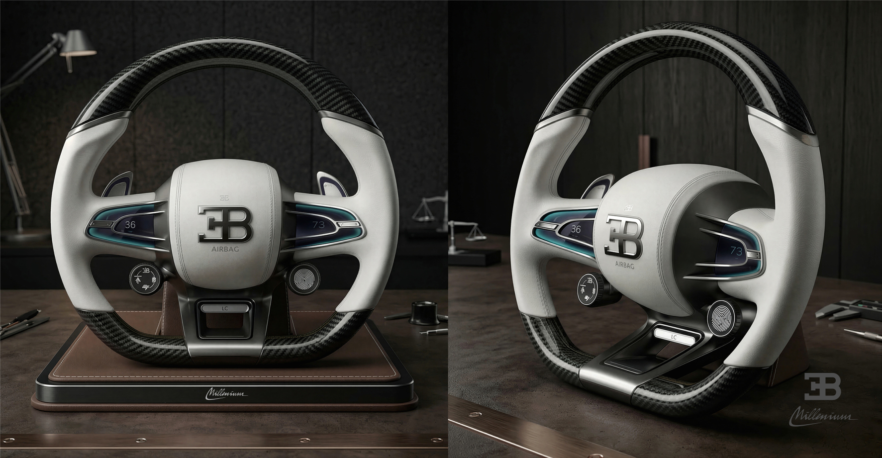 Bugatti Millenium steering wheel — white, front and profile views