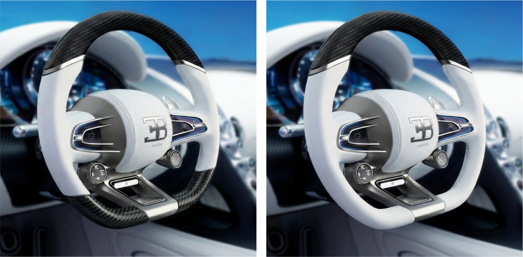 Bugatti Millenium steering wheel — white interior, two angles