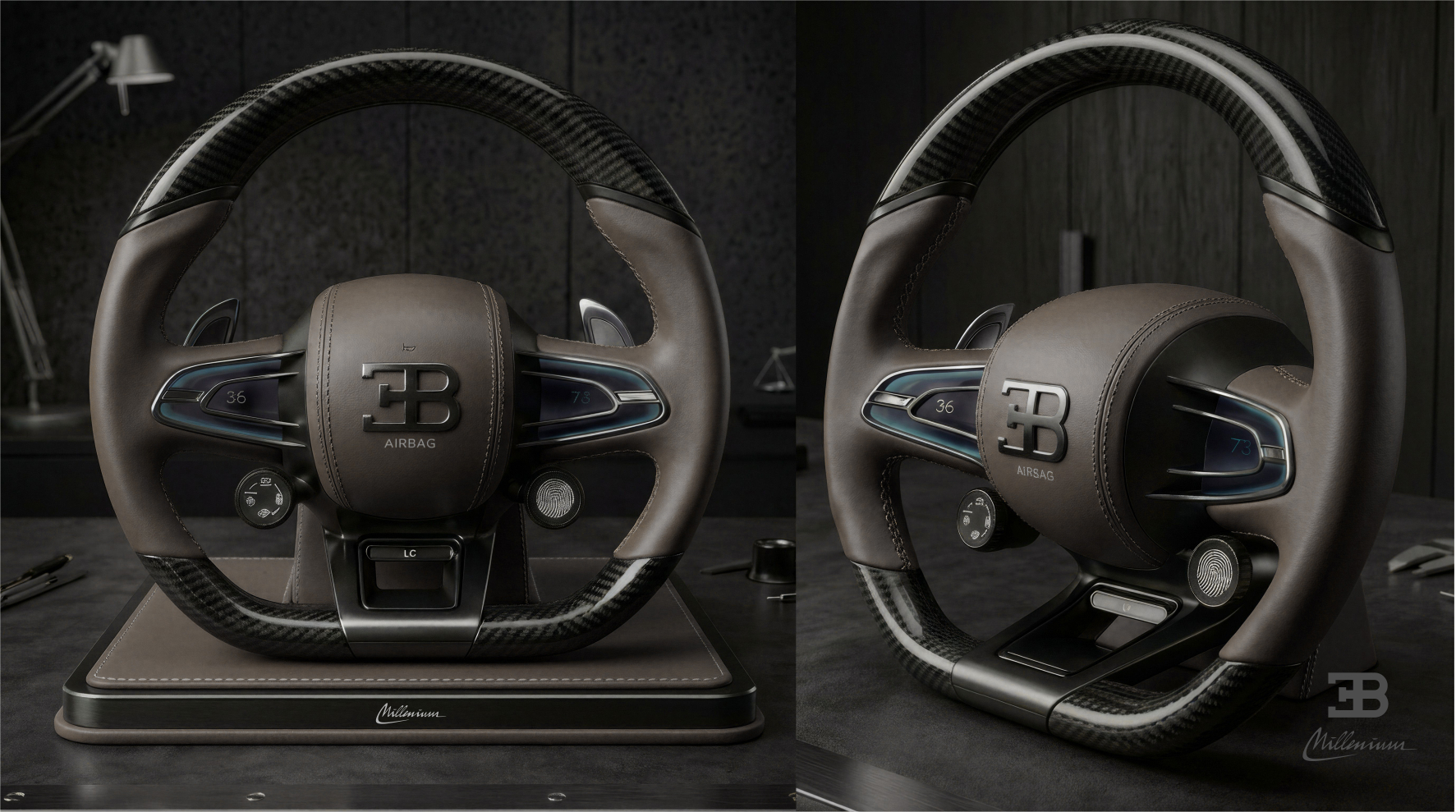 Bugatti Millenium steering wheel — dark, front and profile views
