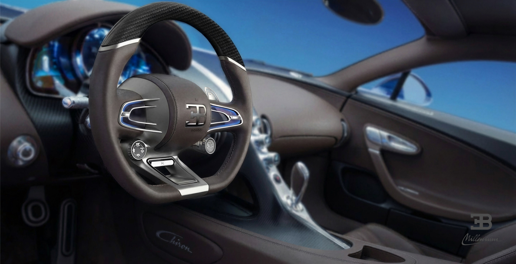 Bugatti Millenium steering wheel — dark interior, Chiron cockpit