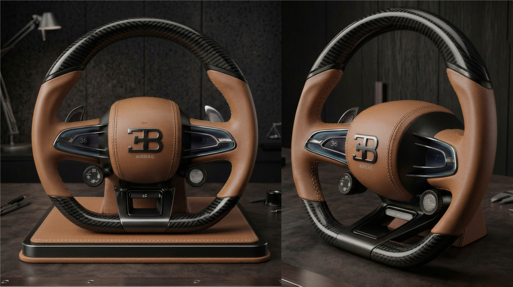 Bugatti Millenium steering wheel — brown, front and profile views