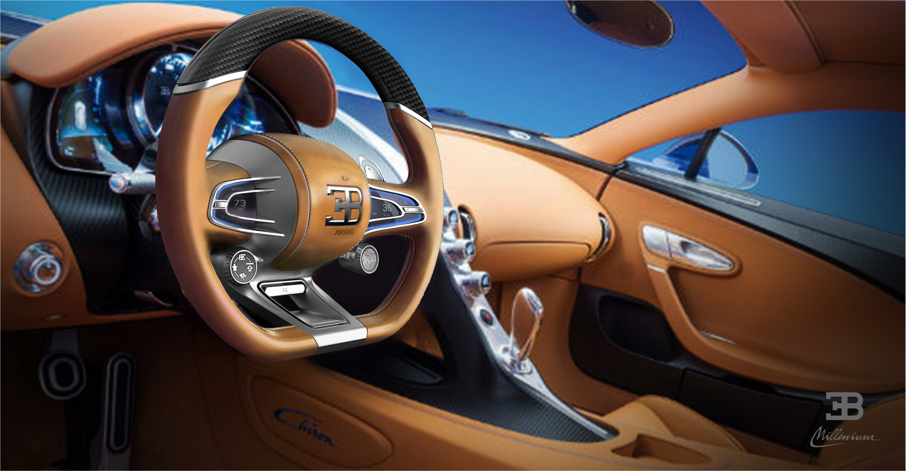 Bugatti Millenium steering wheel — brown interior, Chiron cockpit