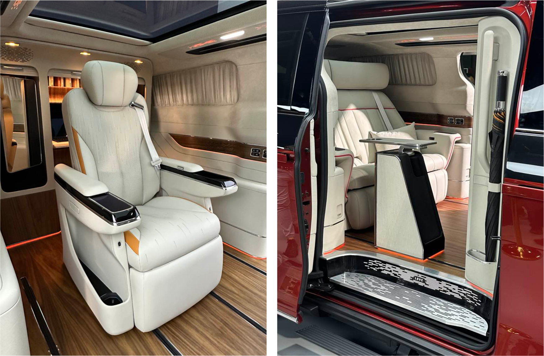 LEVC L380 — red and blue variant rear cabin interiors