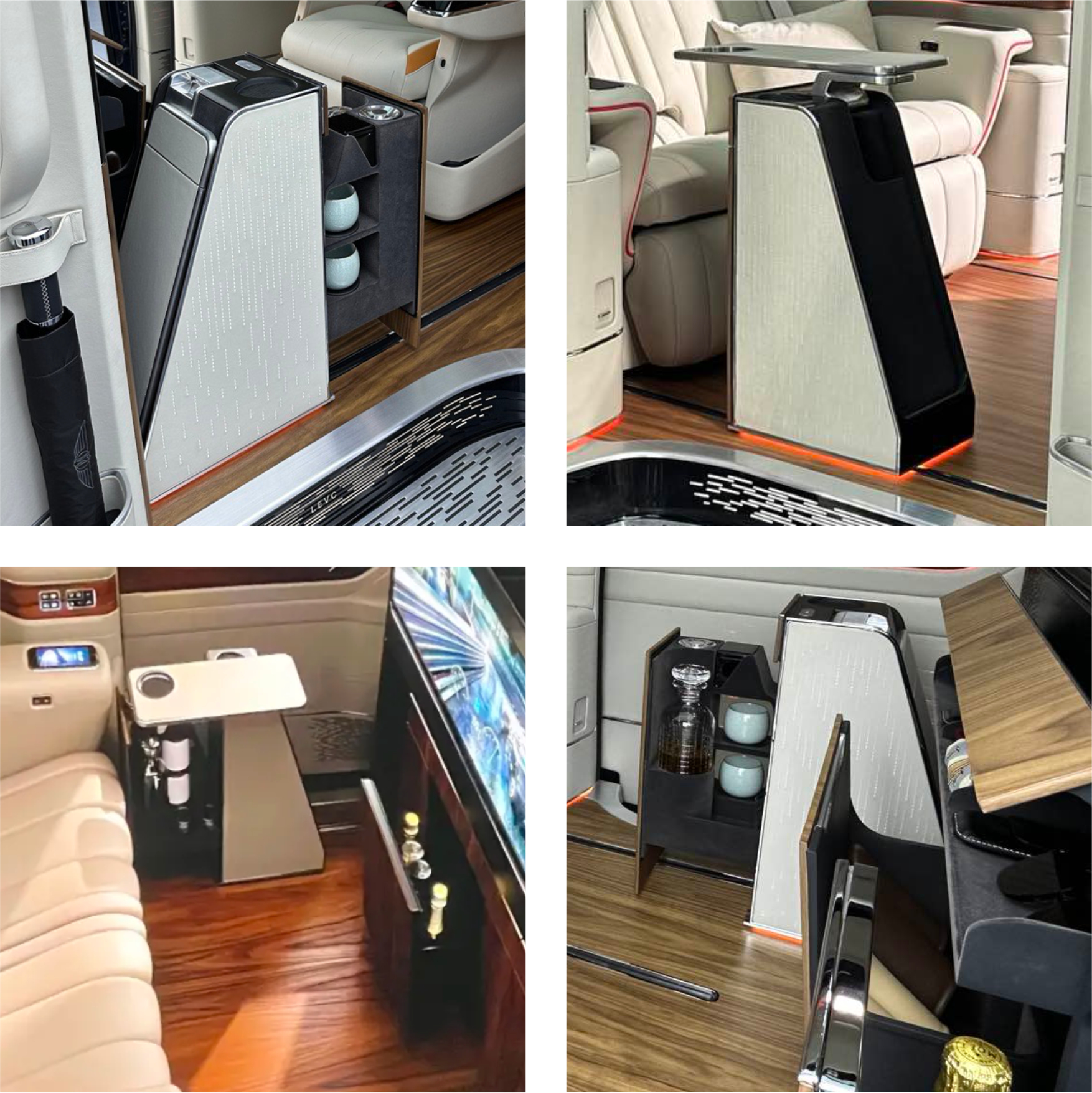 LEVC L380 — sliding service modules with tea, storage and refrigeration