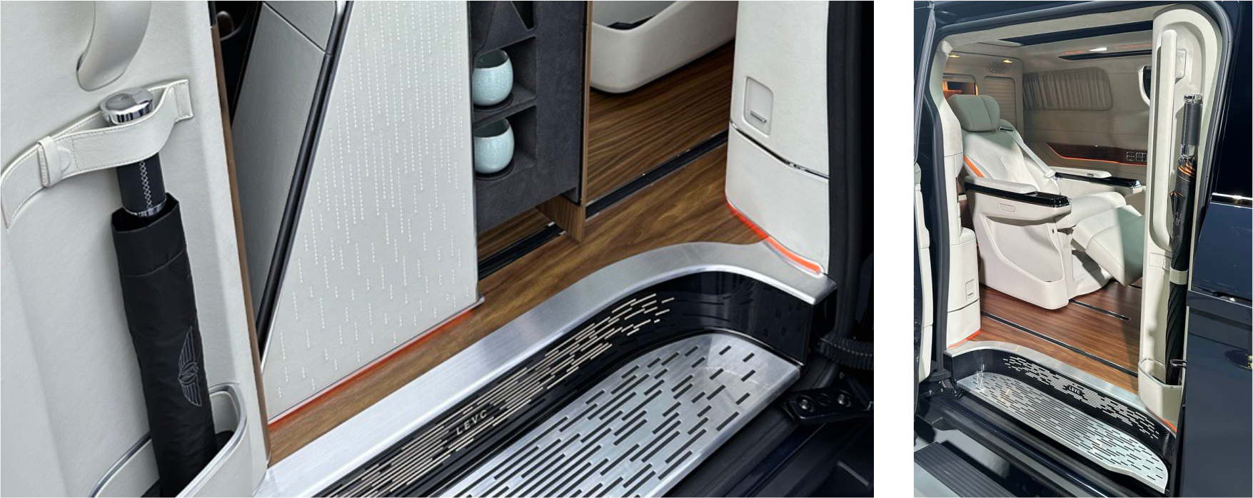 LEVC L380 — illuminated treadplate, umbrella and side entry details