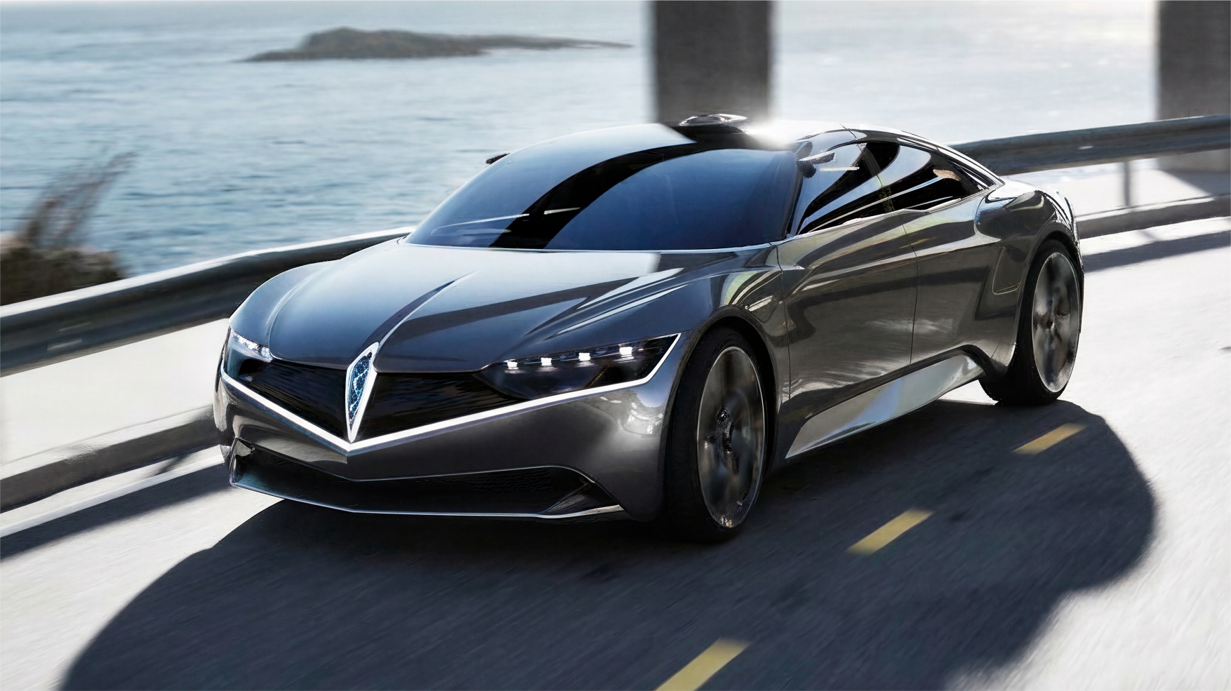 Luxury EV — full vehicle exterior, coastal road