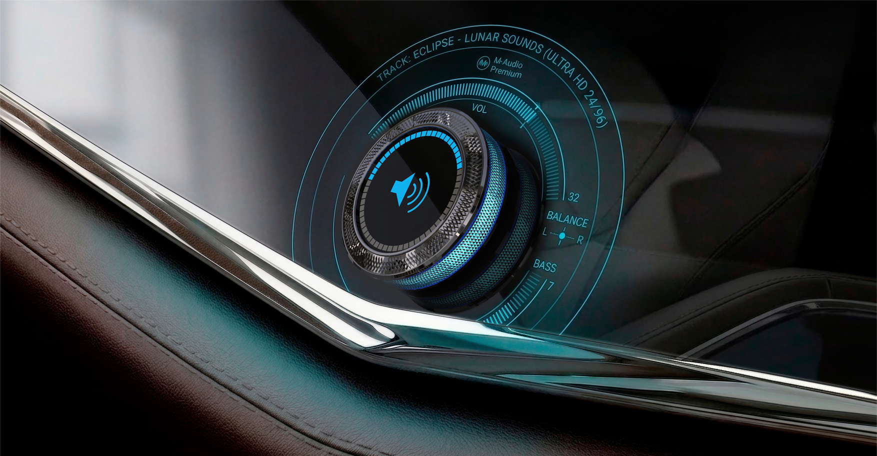 Luxury EV control knob — in context, active interface with illuminated crystal ring