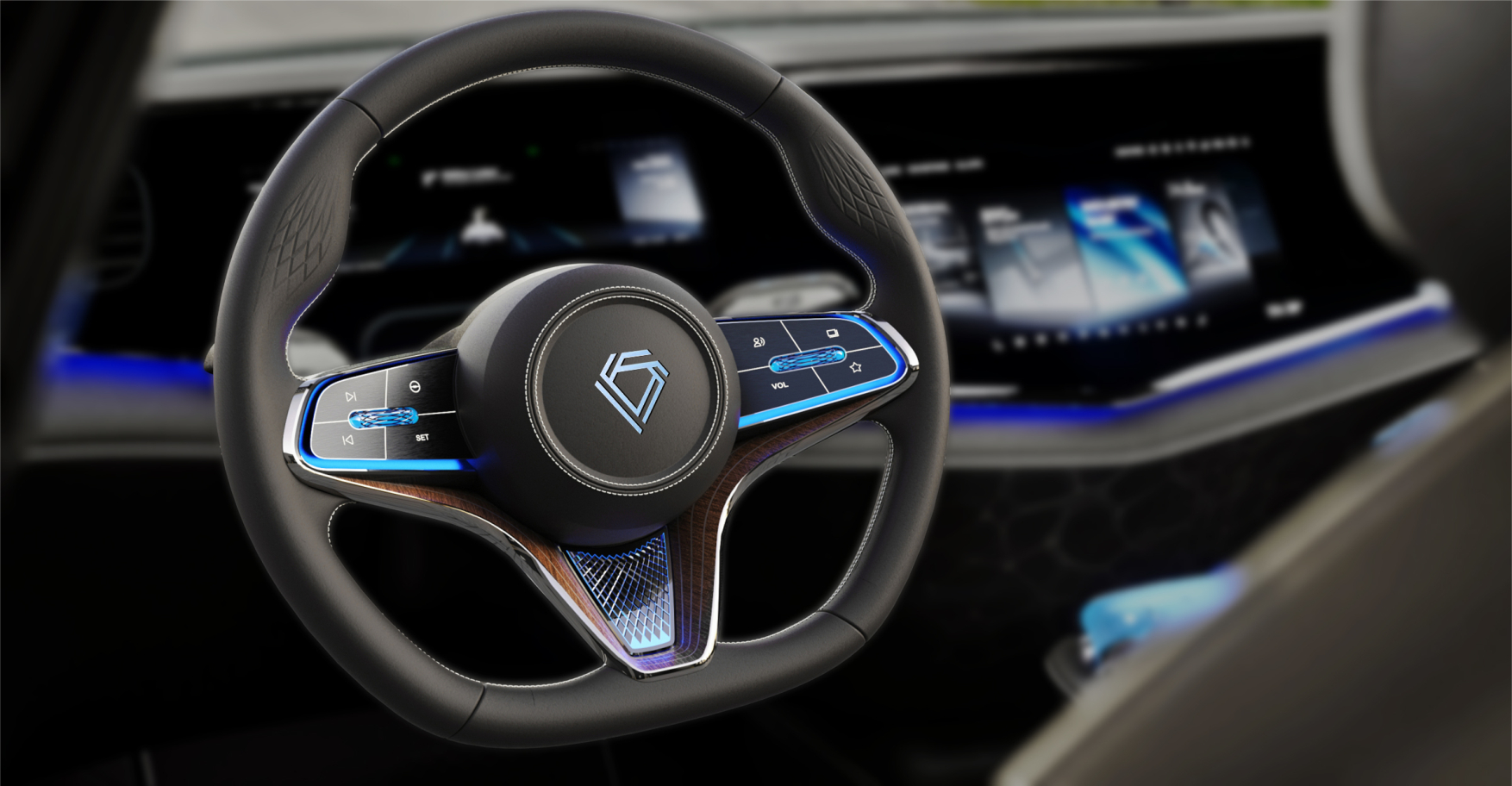Luxury EV steering wheel — interior view, warm lighting