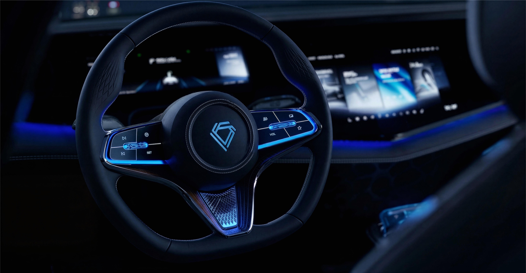 Luxury EV steering wheel — interior view, dark ambience
