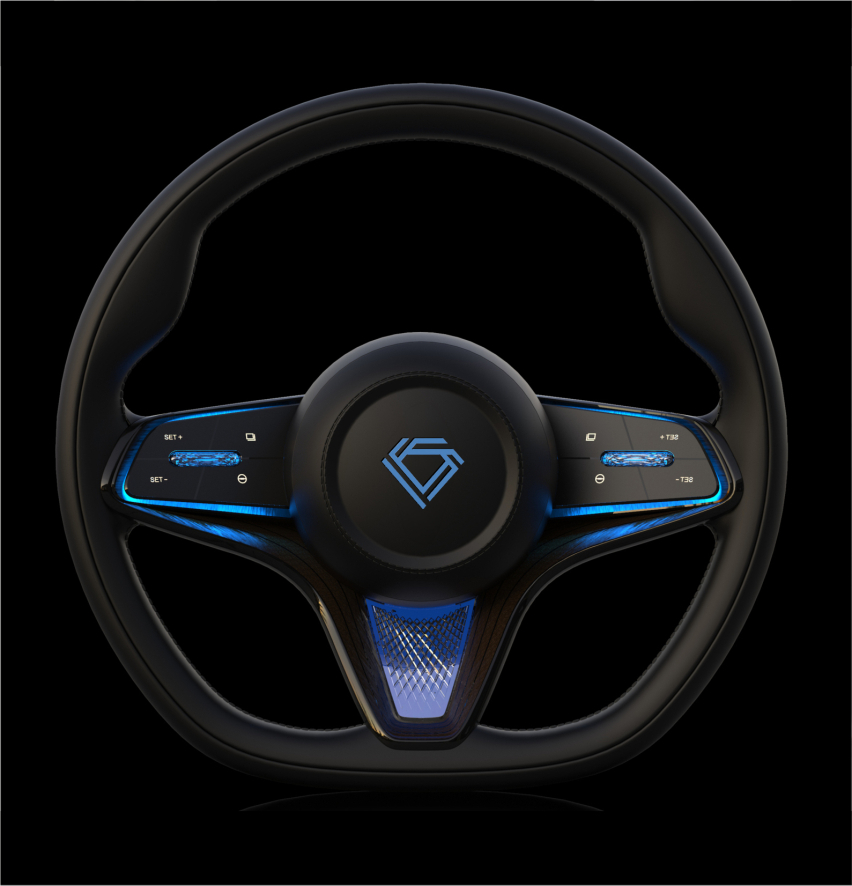 Luxury EV steering wheel — front view, black background
