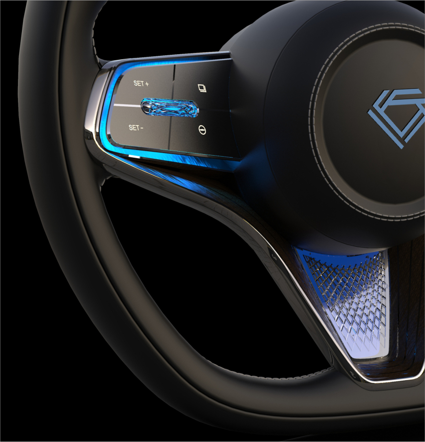 Luxury EV steering wheel — close-up detail, controls and crystal