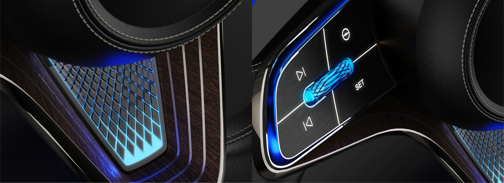 Steering wheel detail — wood and crystal inlay, ambient on