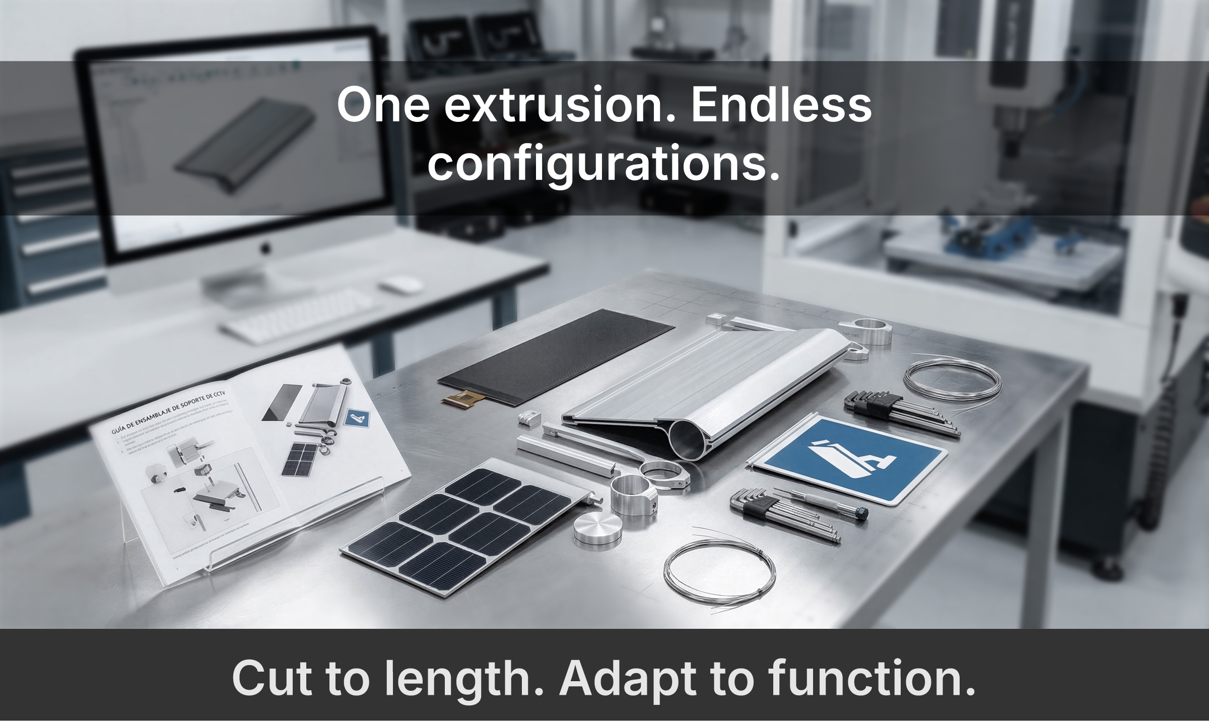 Modular system components on workbench — one extrusion, endless configurations