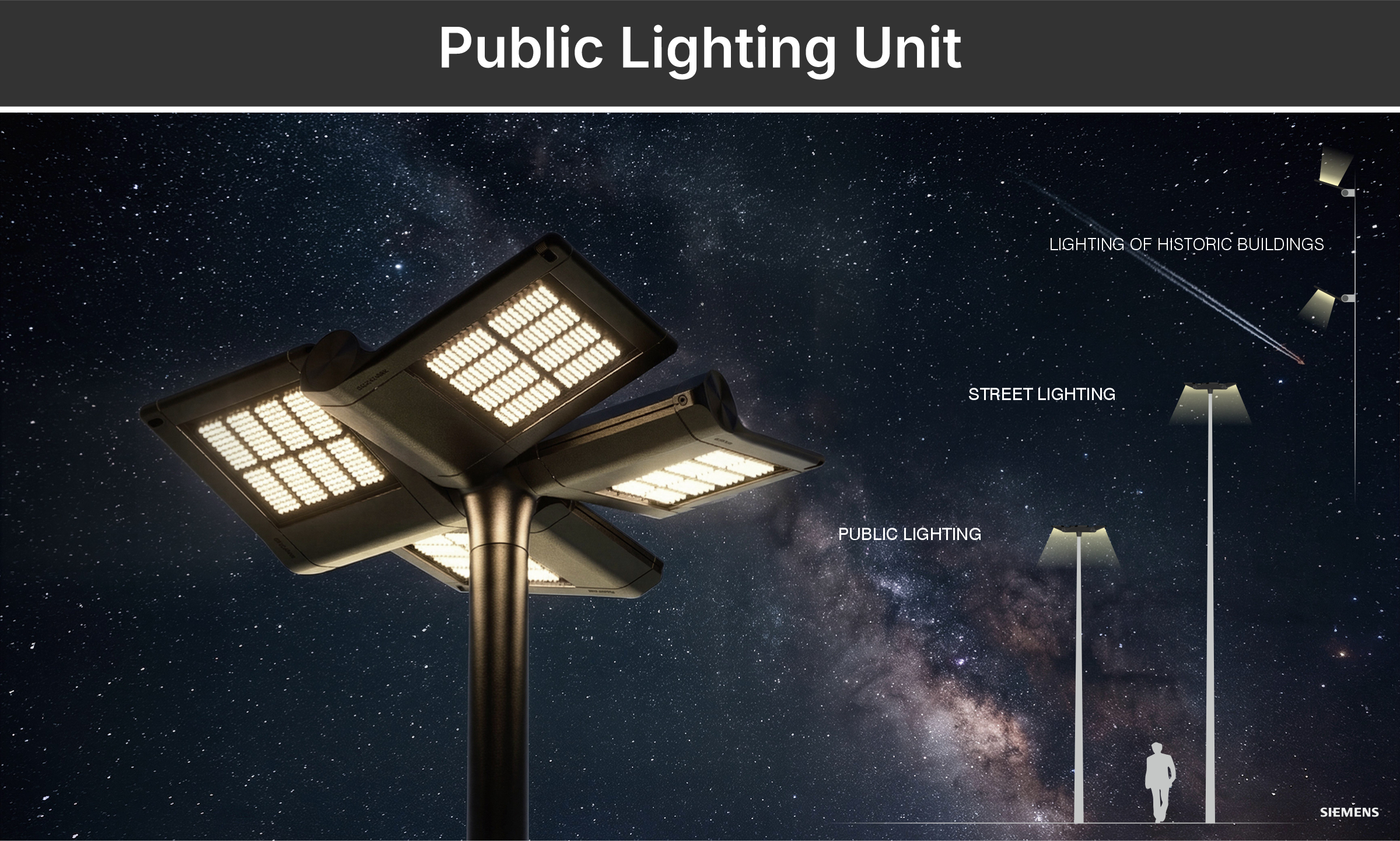 Public lighting unit — sunflower-type solar panel system at night