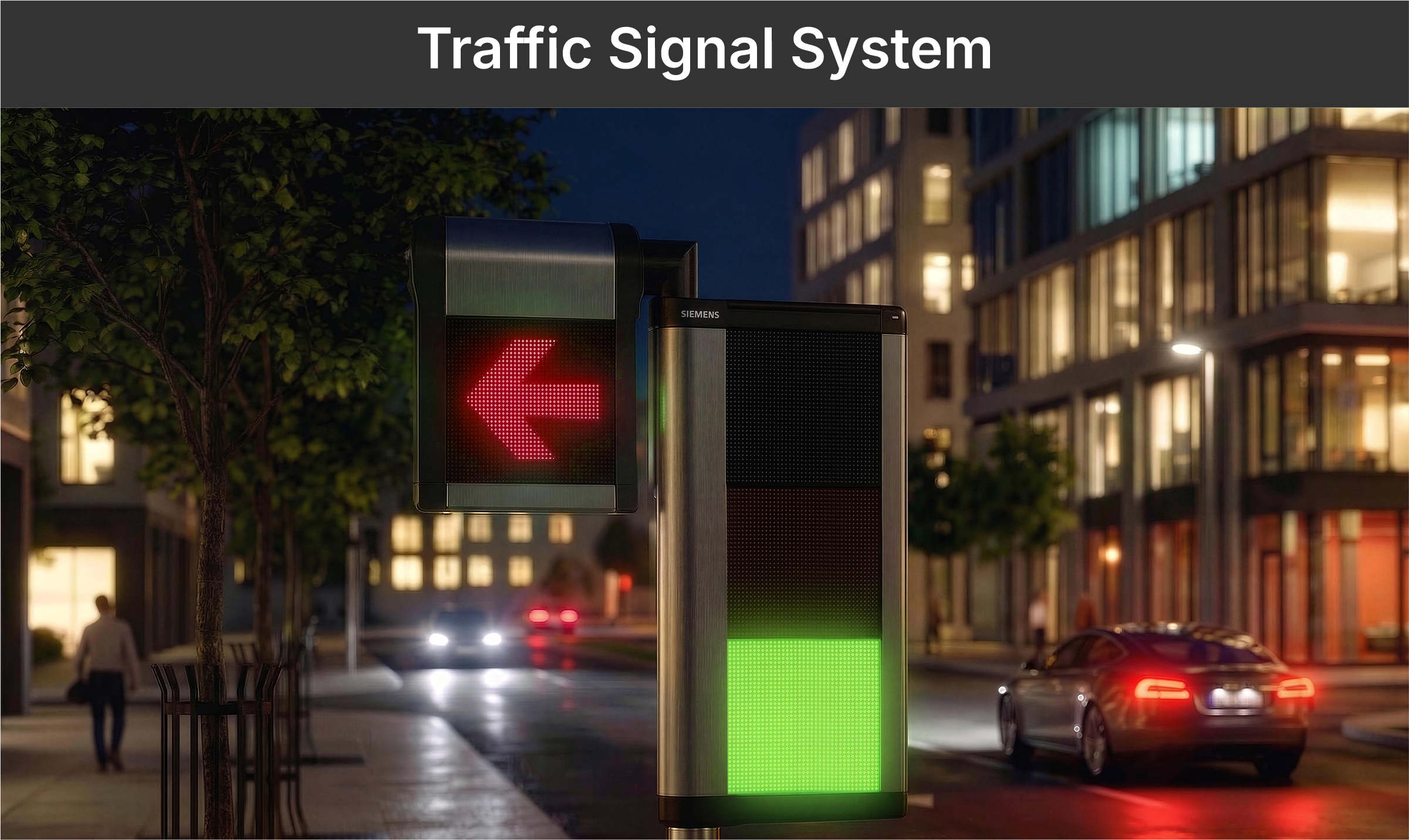 Traffic signal system — nighttime, red arrow