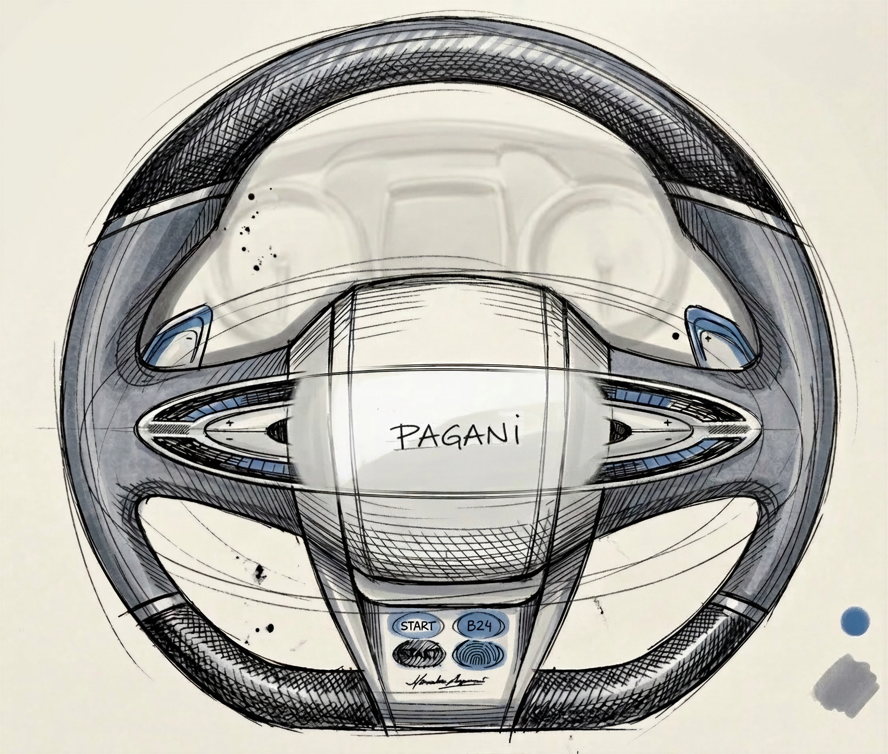 Pagani Huayra steering wheel — design sketch, front view
