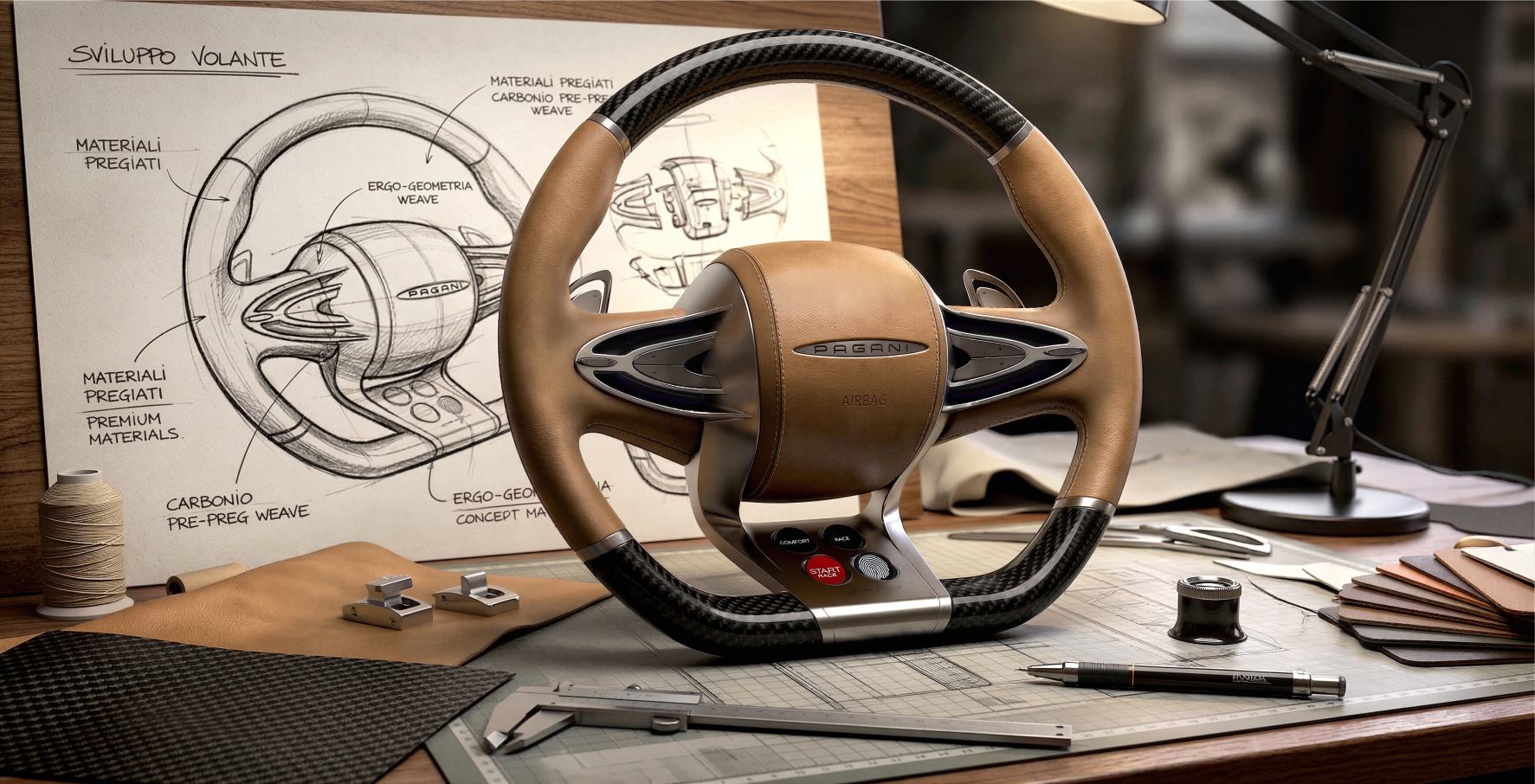Pagani Huayra steering wheel — tan leather on designer desk with sketches