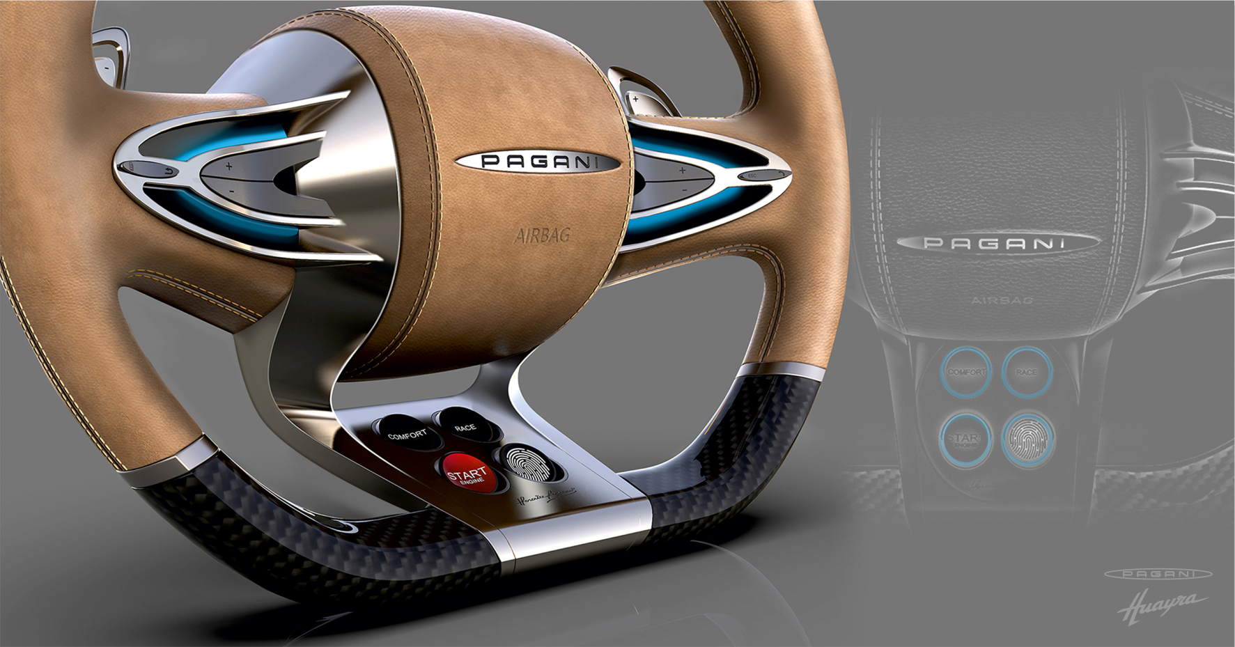 Pagani Huayra steering wheel — tan leather close-up, front and detail views