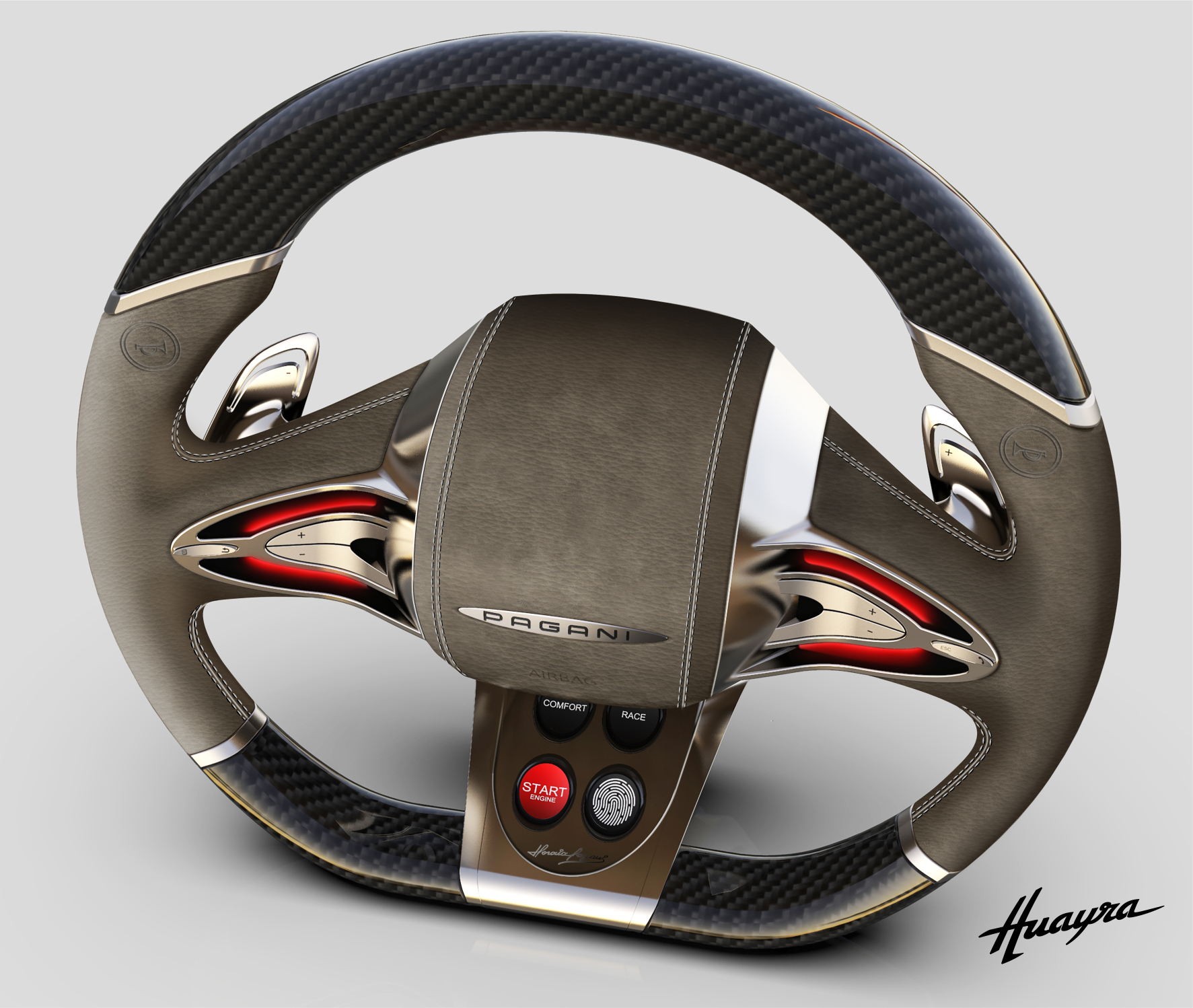 Pagani Huayra steering wheel — dark olive variant, front view