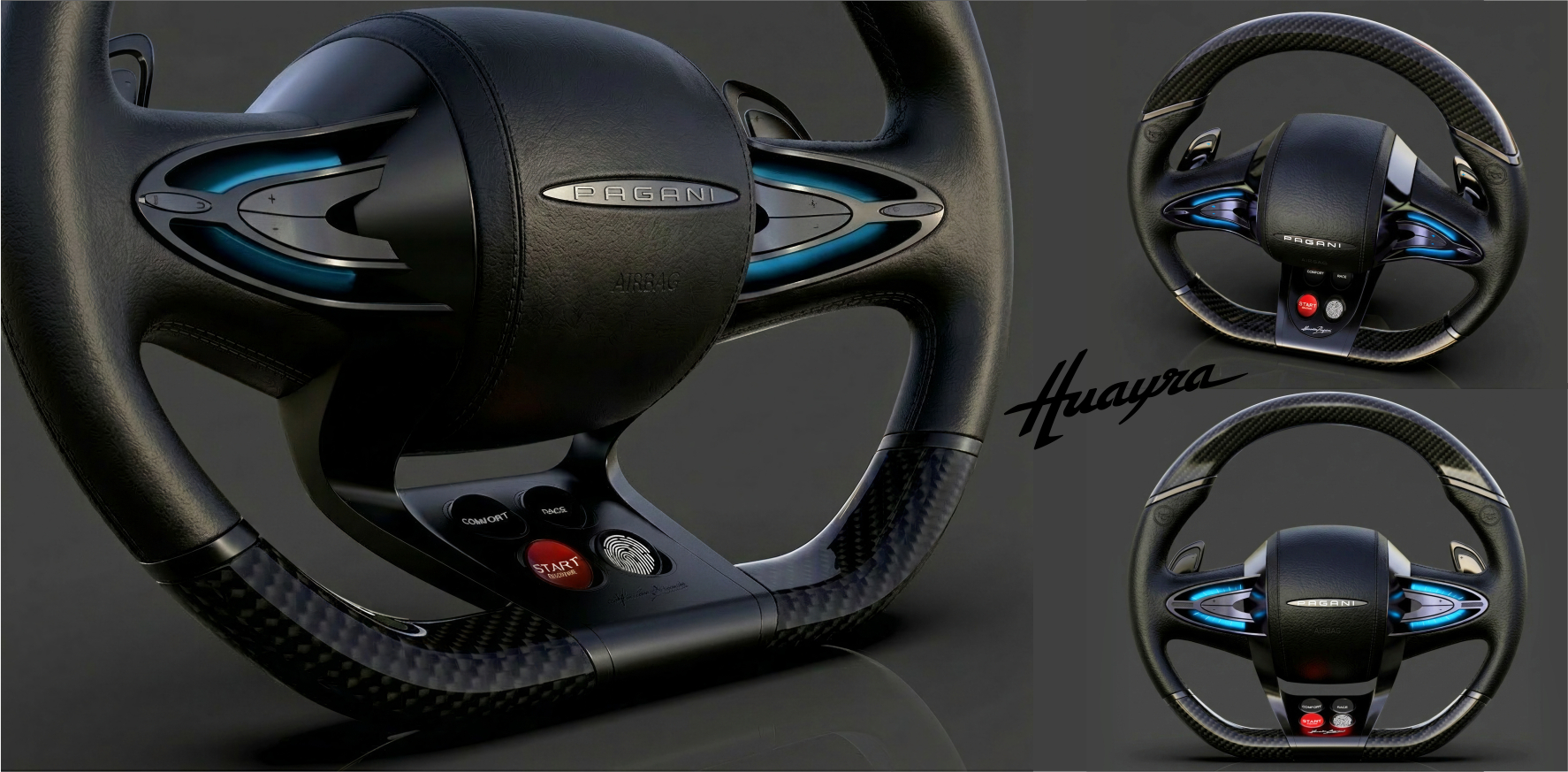 Pagani Huayra steering wheel — dark version, front and profile views