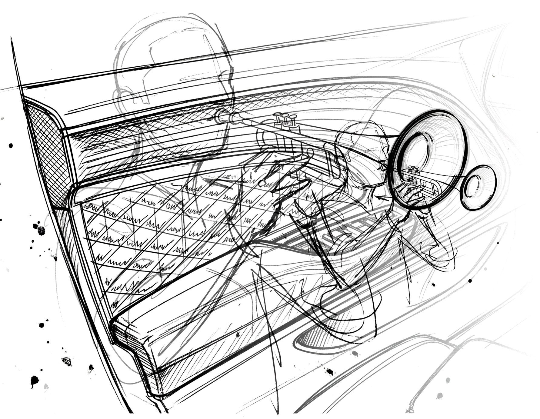 Concept sketch — trumpet player emerging from door panel architecture