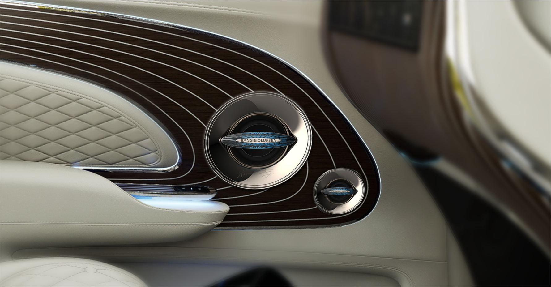 Speaker integrated in door panel — light interior, wood and leather