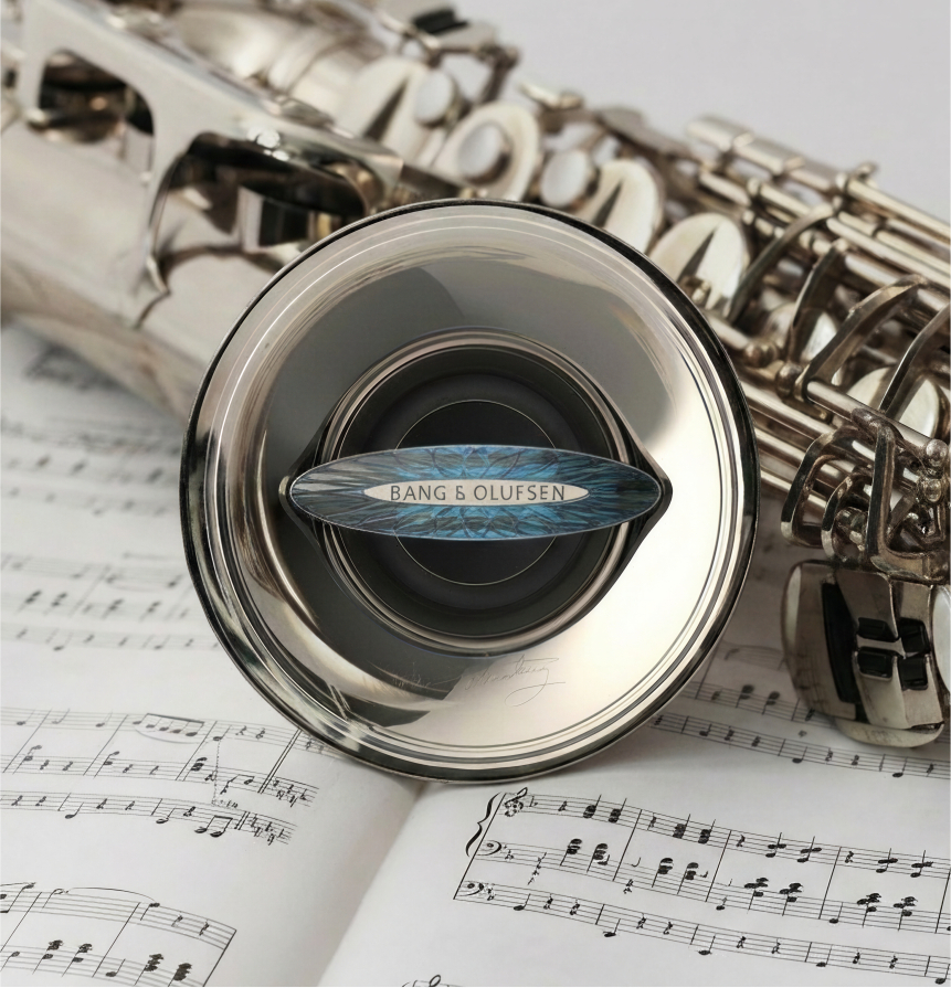 Speaker on saxophone and sheet music — musical heritage reference