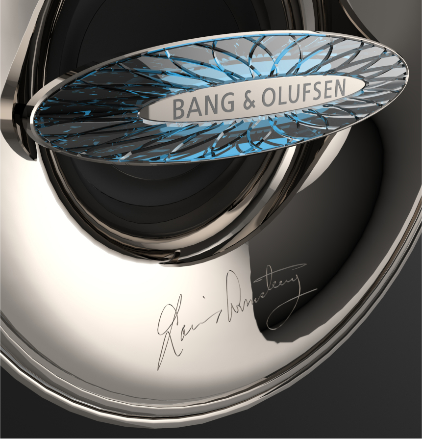 Speaker detail — Bang & Olufsen text and crystal pattern