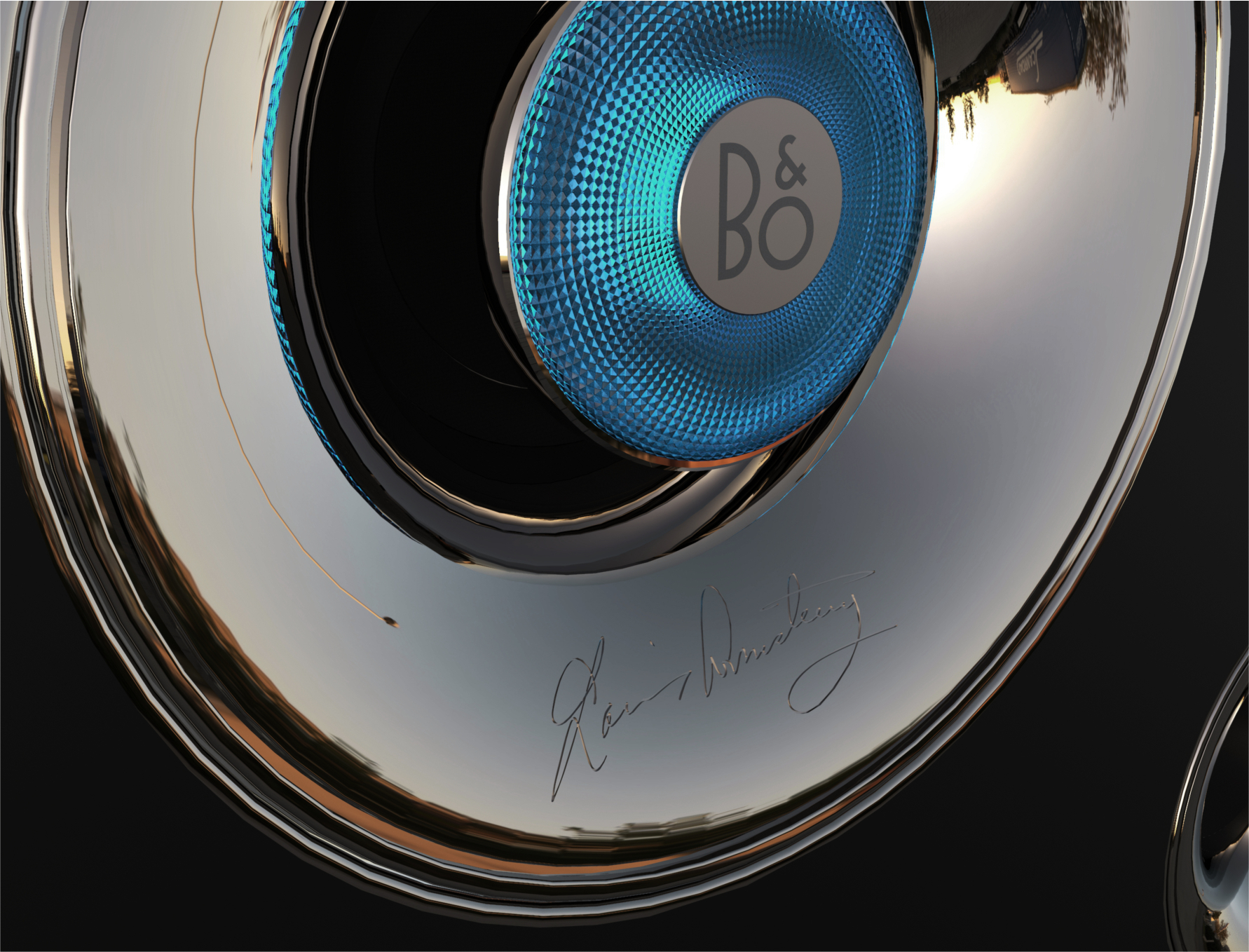 Circular design variant — B&O logo, dark background