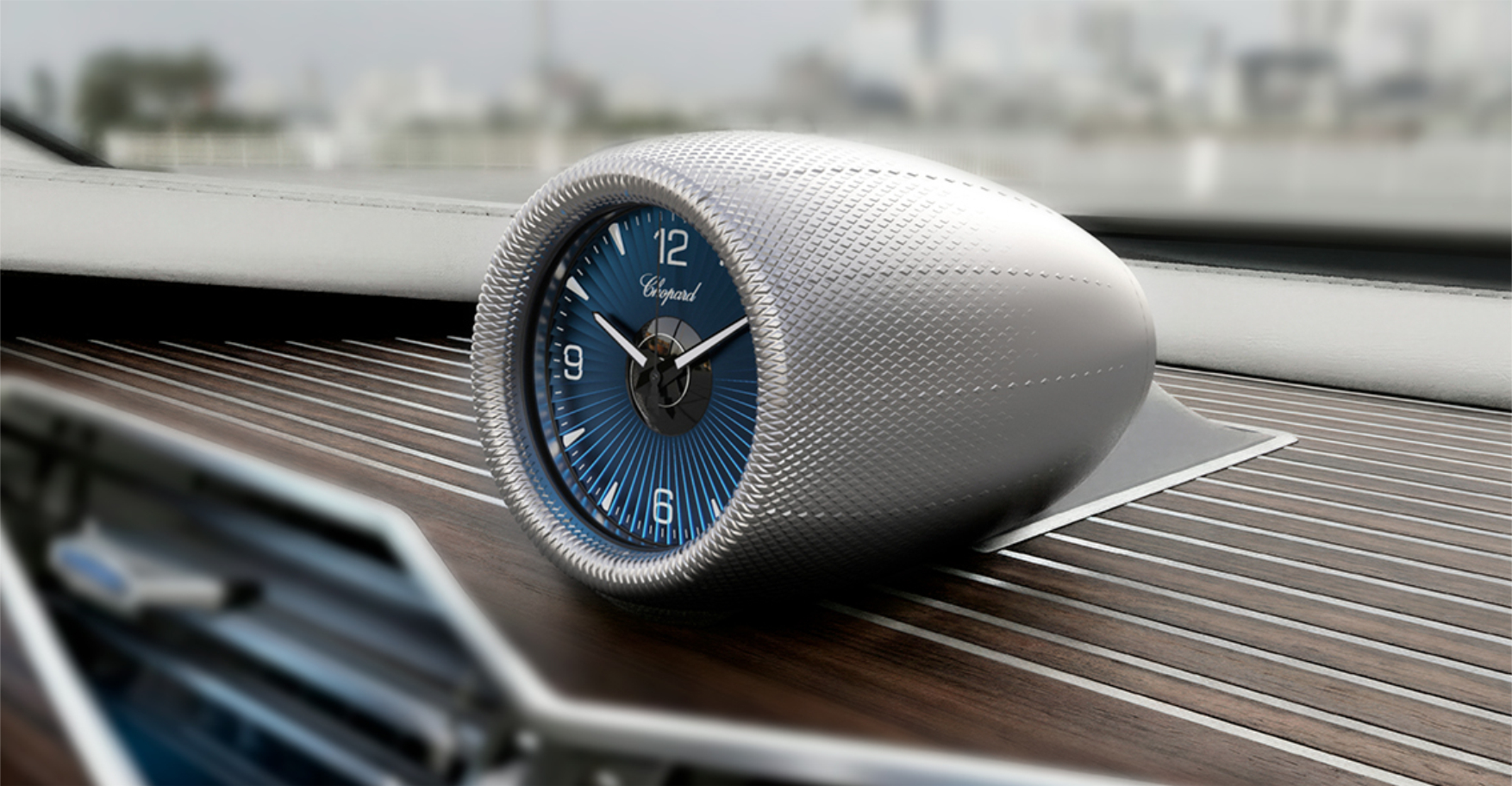Turbine clock — dashboard mount, light interior, blue dial