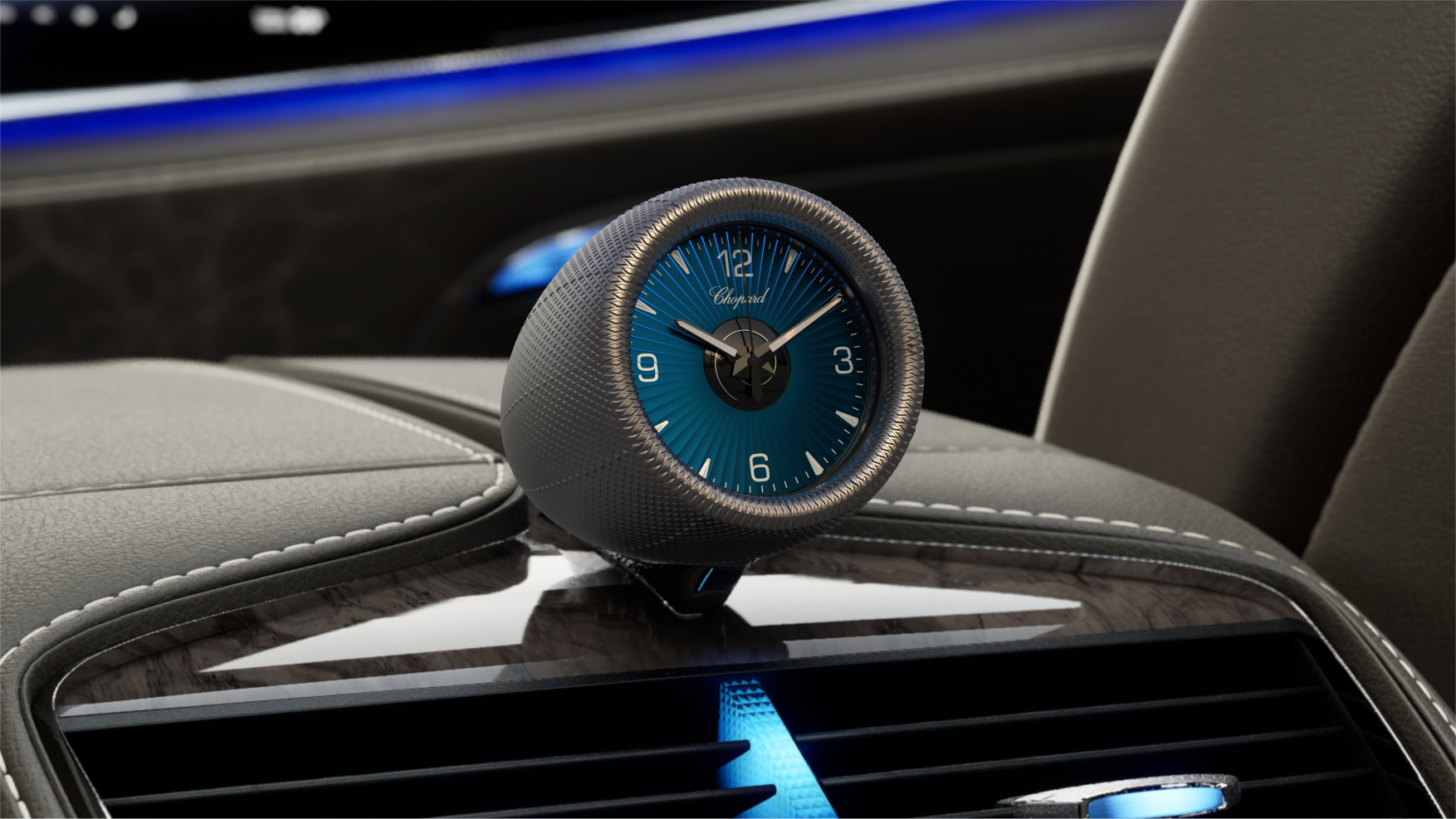 Turbine clock — console mount, dark interior, blue dial