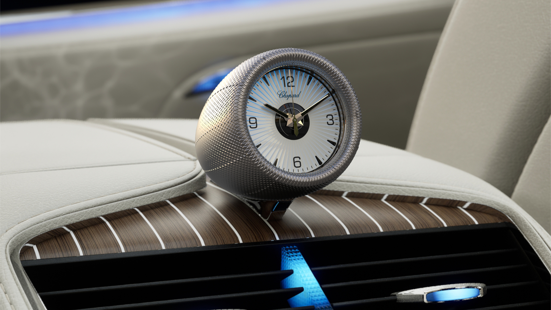 Turbine clock — rear console, white dial, wood trim
