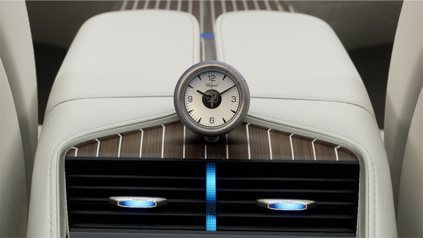 Turbine clock — rear console, white dial, close-up